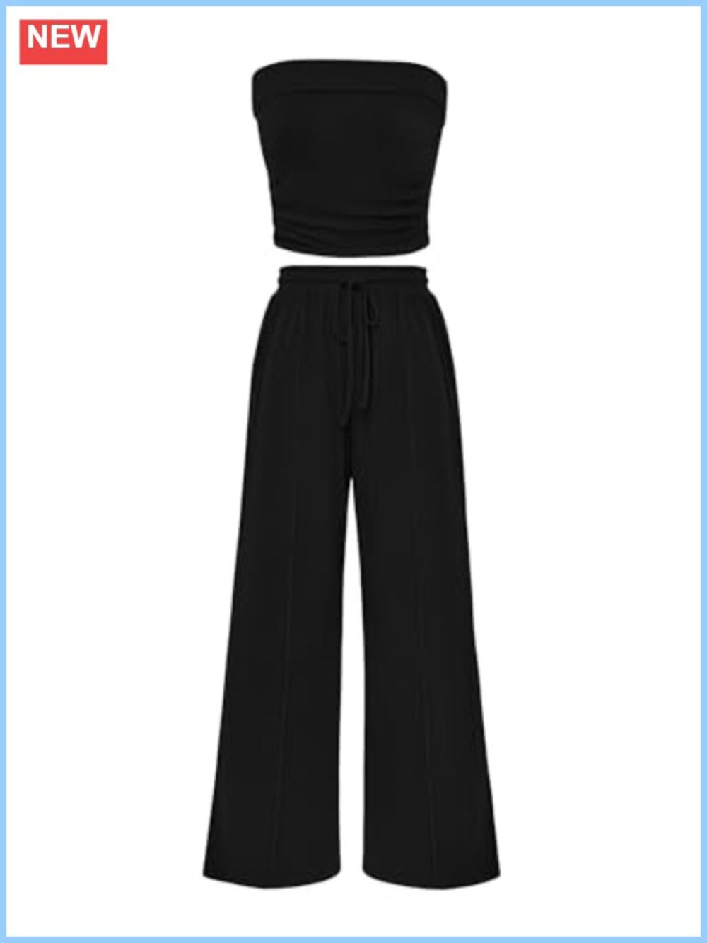 Ribbed Knit 2 Piece Set Tube Top Wide Leg Pants Lounge Travel